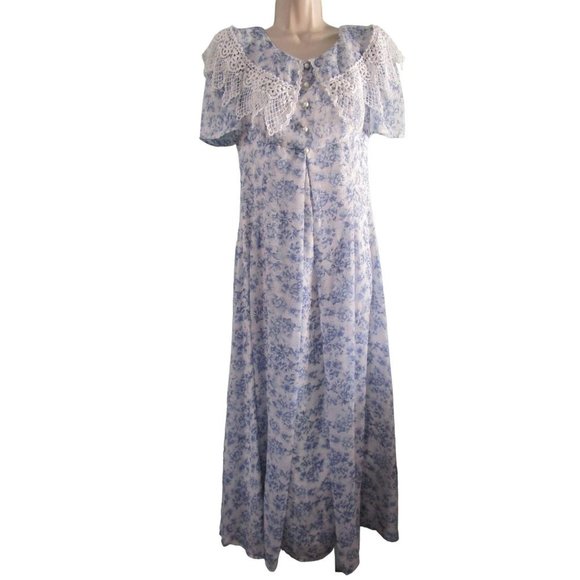 Vintage Scott McClintock Blue Floral Lace Empire Waist Tea Dress Ladies Size 8 - Picture 5 of 16